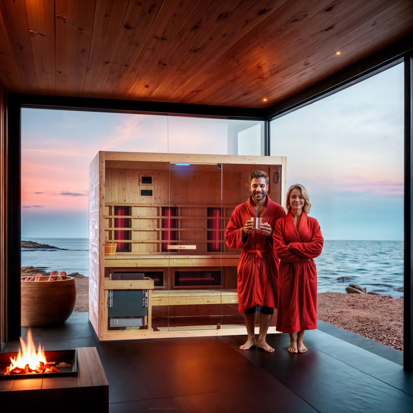 DHARANI Combi Sauna Sauna infrarouge et vapeur jusqu'à 4 ou 5 personnes | Bois de sapin